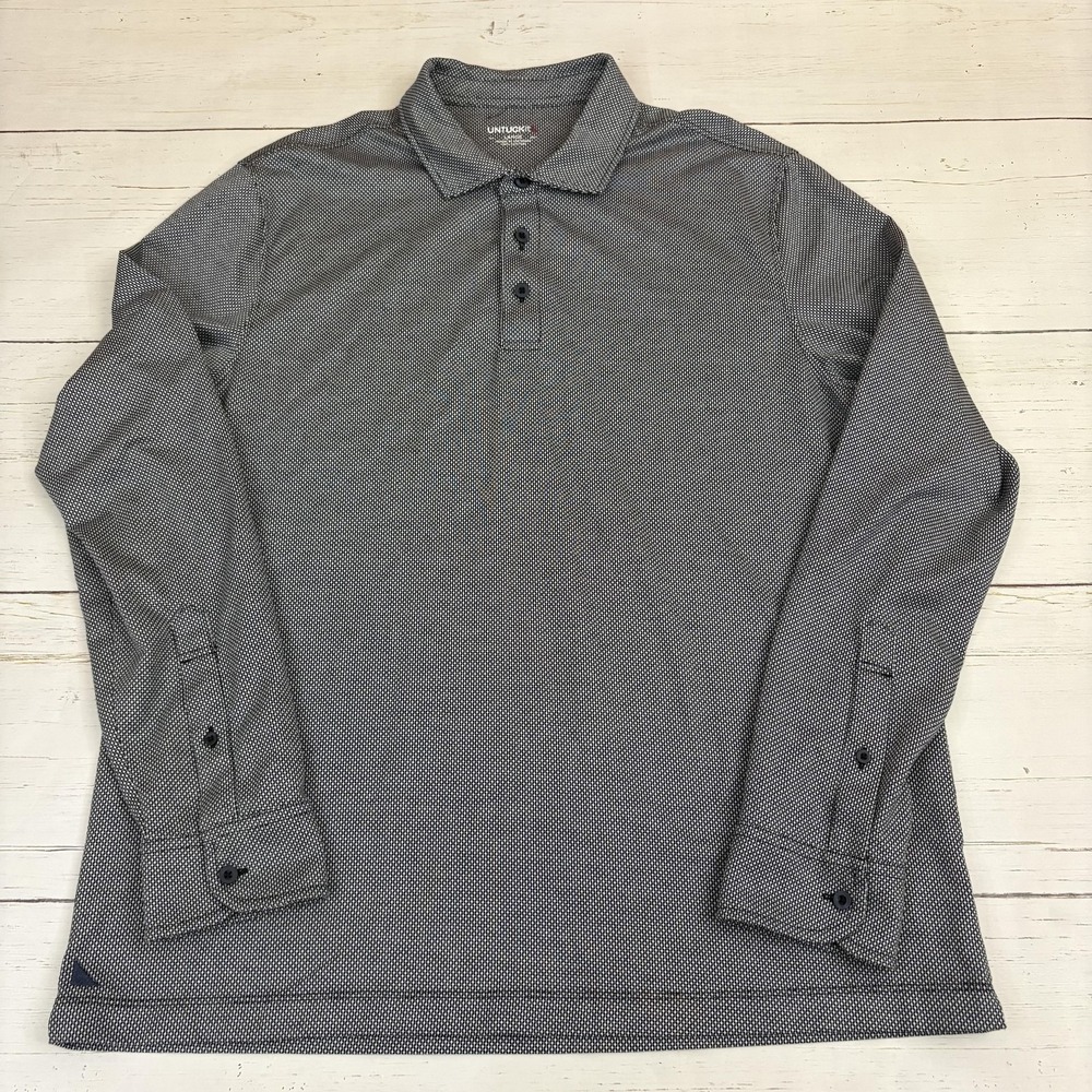 UNTUCKit Polo Shirt Mens L Gray Diamond Birdseye Long Sleeve Knit Cotton